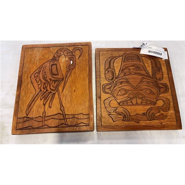 2 CARVED WOOD FIRST NATIONS PLAQUES ONE WITH INLAID EYE