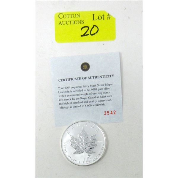 1 Oz .9999 Silver Aquarius Privy Maple Leaf Coin