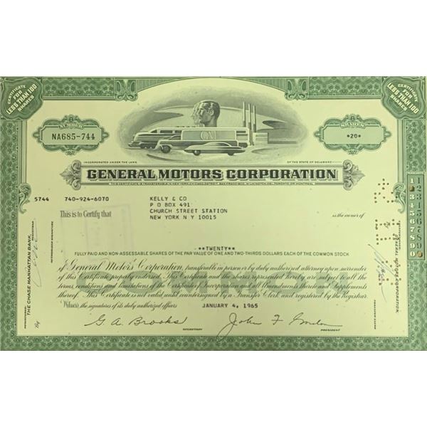 Stock Certificate for Less Than 100 Shares (20 Shares) of General Motors Corp