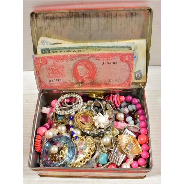 OLD TIN FILLED WITH ESTATE JEWELRY & BANKNOTES