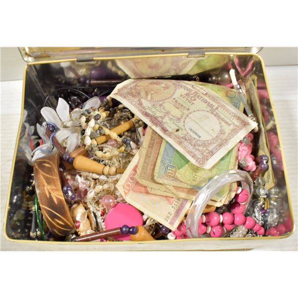 LARGE OLD TIN FILLED W/ ESTATE JEWELRY & BANKNOTES