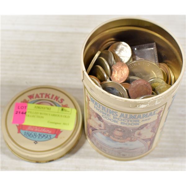 OLD TIN FILLED WITH VARIOUS OLD COINS COLLECTION