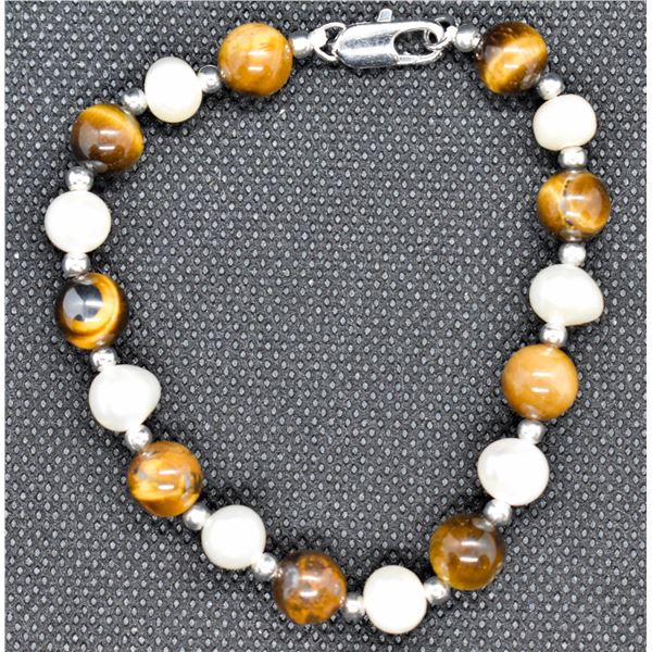 #297-NATURAL TIGER EYE & FRESH WATER PEARL BRACELE