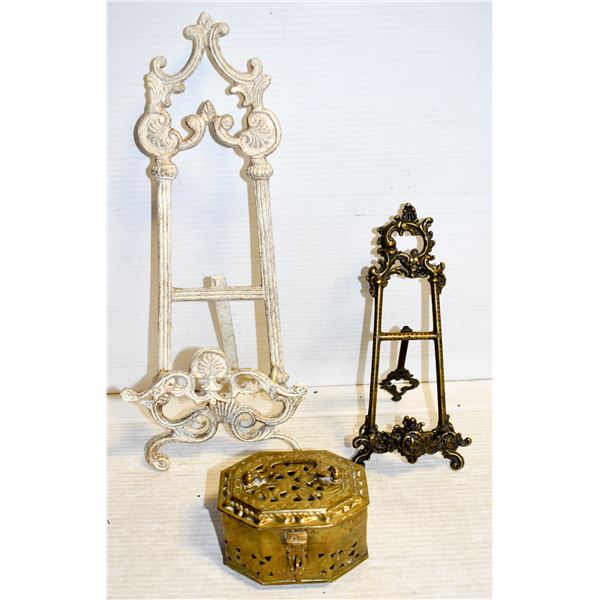 FANCY BRASS ART EASELS AND BRASS BOX TOGETHER