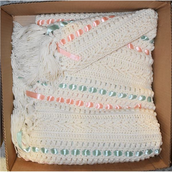 HAND CROCHETED BLANKET WITH GREEN & PEACH