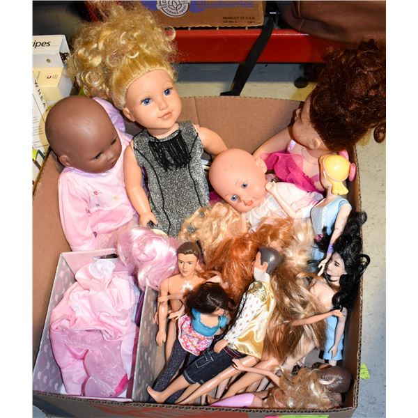 BOX OF DOLLS - SOME VINTAGE - INCLUDES 4 LARGE