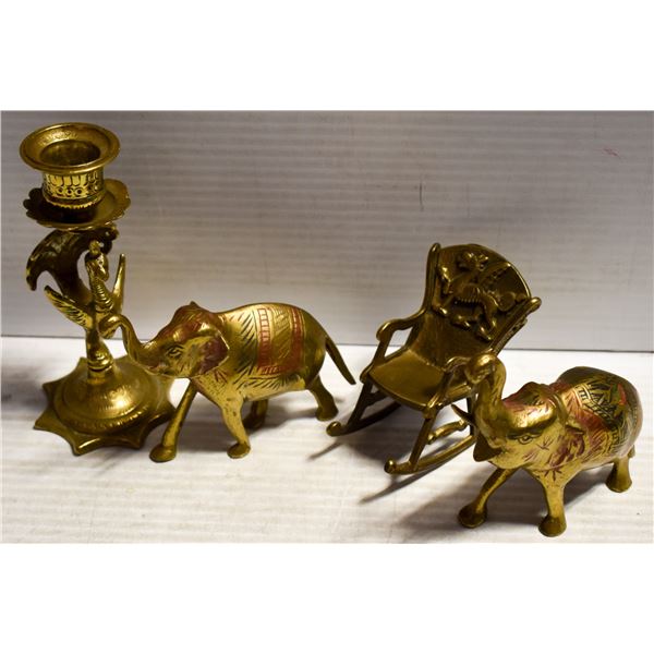 BRASS ELEPHANTS, CHAIR & BIRD CANDLE HOLDER