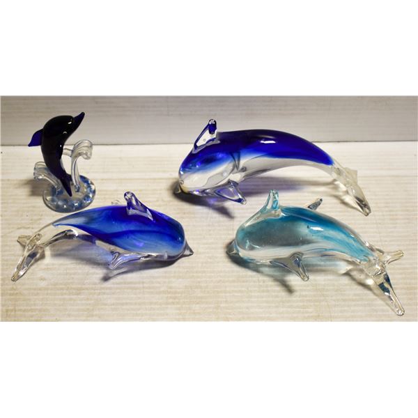 SET OF 4 ART GLASS DOLPHINS VARIOUS SIZES &