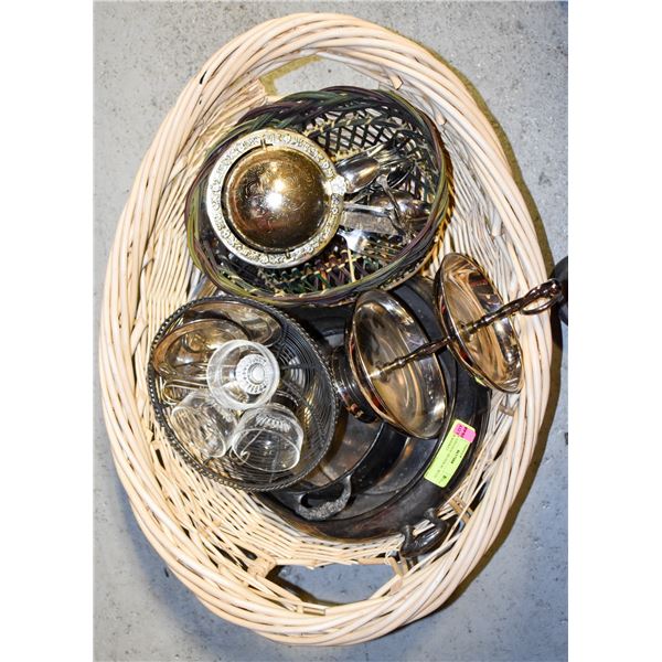 LOT OF VINTAGE SILVER PC WITH WICKER BASKET