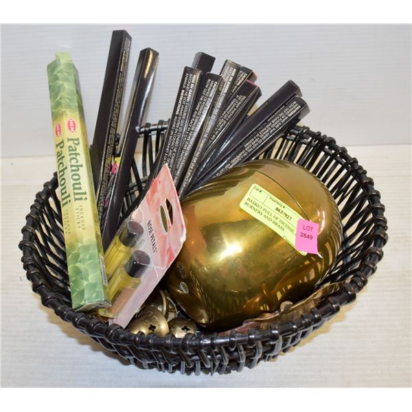 BASKET FULL OF INCENSE, BRASS BURNERS AND BRASS