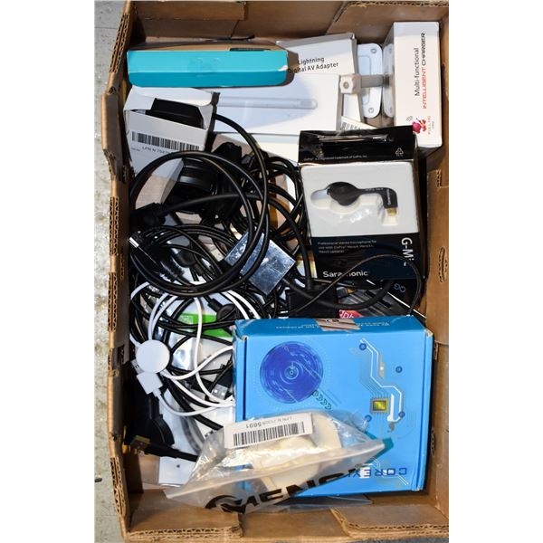 BOX OF TECH, INCLUDING CHARGERS, ADAPTERS