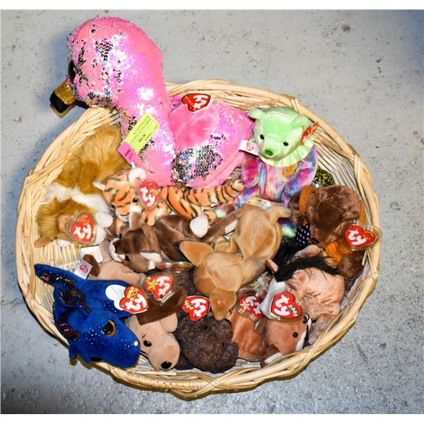 BASKET FULL OF TY BEANIE BABIES WITH TAGS STILL ON