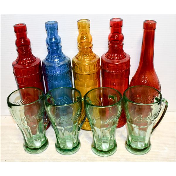 COKE GLASSES & COLORED WINDOW BOTTLES