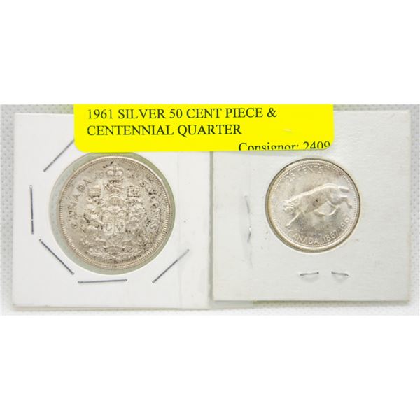 1961 SILVER 50 CENT PIECE & CENTENNIAL QUARTER