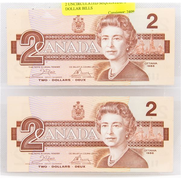 2 X 1986 UNCIRCULATED SEQUENTIAL $2 BILLS