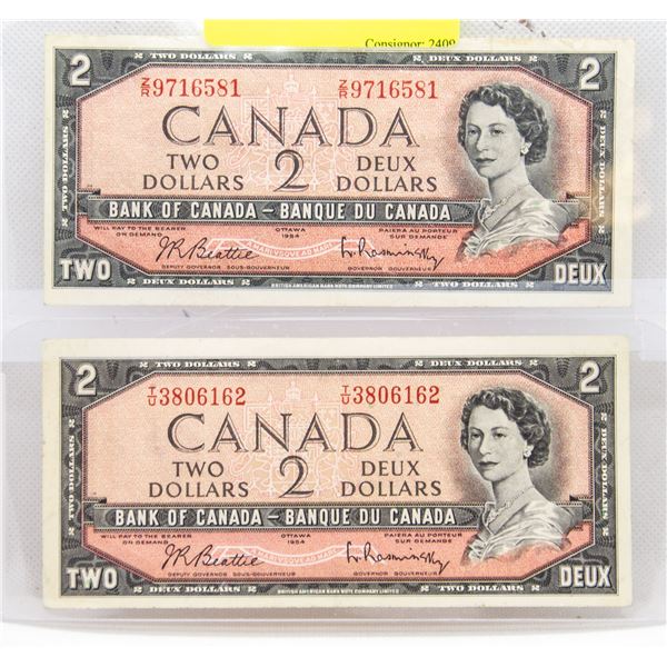 2 X 1954 CANADIAN $2 BILLS