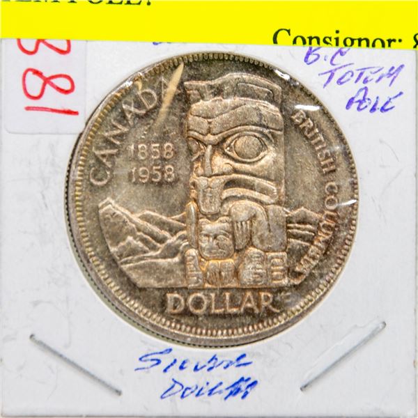 1958 CANADIAN SILVER DOLLAR  TOTEM POLE 