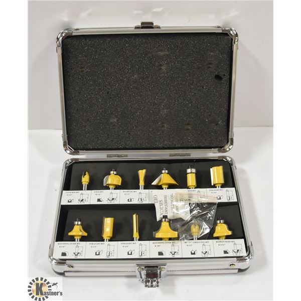 NEW 12PC CARBIDE ROUTER SET, ¬ IN SHANK, METAL