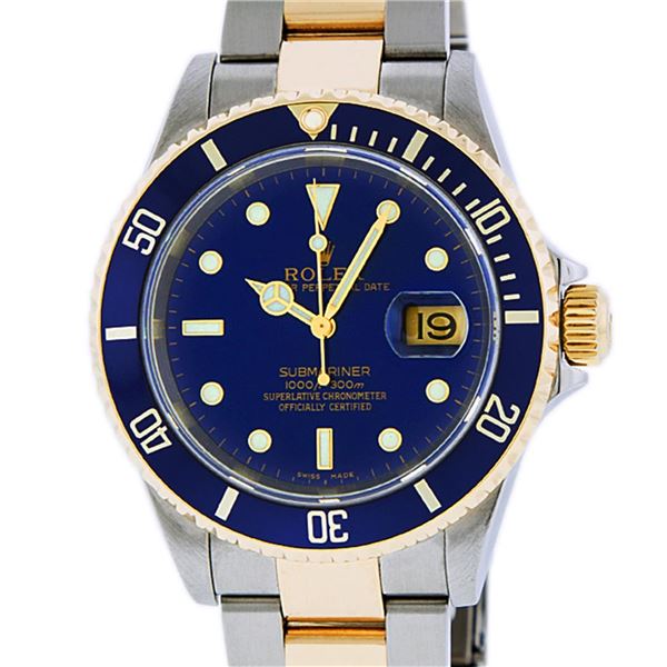 Rolex Mens 2 Tone Stainless Steel and Yellow Gold Blue Dial Oyster Band 40mm Sub