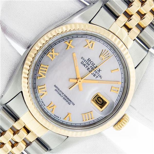 Rolex Mens 2T Mother Of Pearl Roman Datejust Oyster Perpetual Wristwatch 36MM Wi