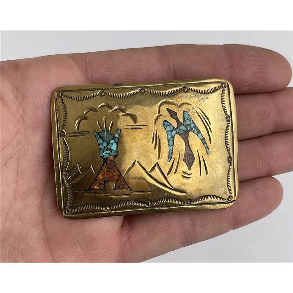 Willie Nezzie Navajo Inlaid Bronze Belt Buckle