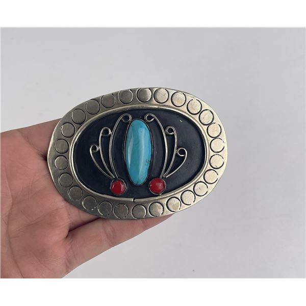 Alpaca Mexico Cowboy Belt Buckle Turquoise Coral
