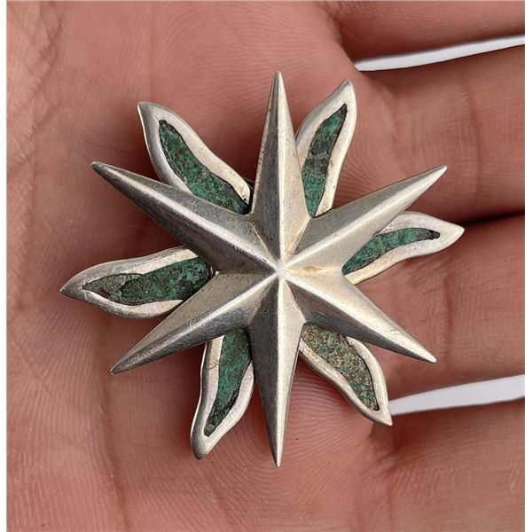 Taxco Sterling Silver Malachite Star Brooch