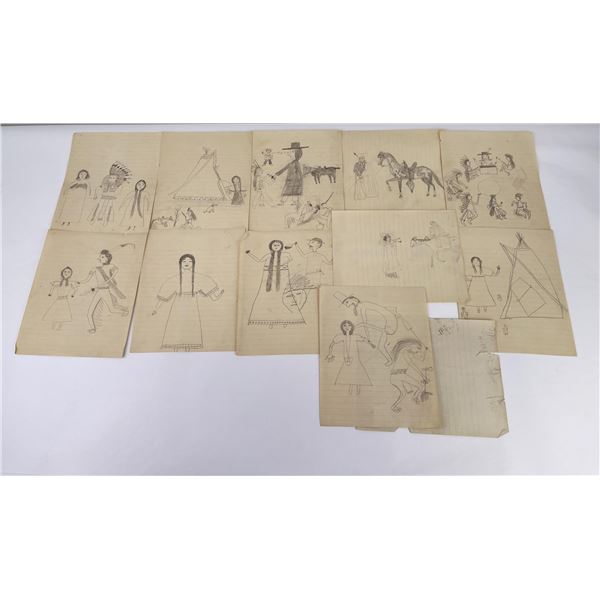 Group of Early Montana Indian Ledger Drawings