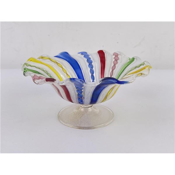 Murano Latticino Ribbon Swirl Ruffled Glass Dish