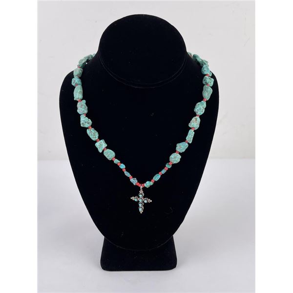 Navajo Turquoise Coral Sterling Silver Necklace