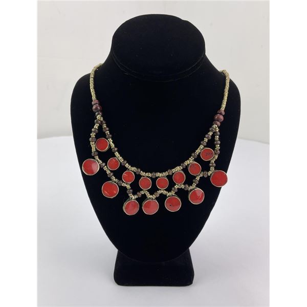 Bohemian Red Coral Wood Bead Necklace