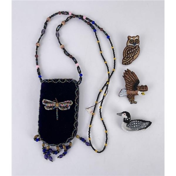 Collection of Beaded Birds and Bag