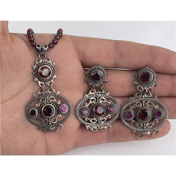 Sterling Silver and Garnet Necklace & Earrings