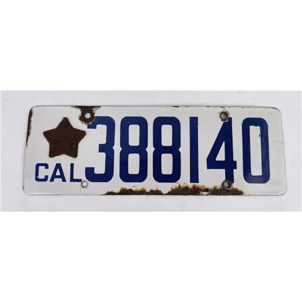 1919 Porcelain California License Plate