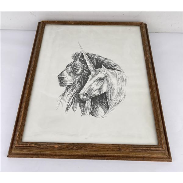 Unicorn and Lion Pen and Ink Drawing