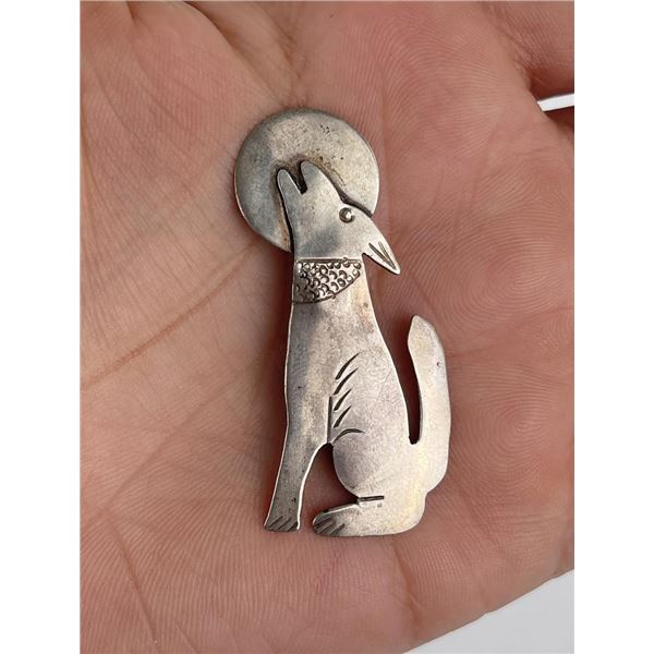 Sterling Silver Coyote and Moon Brooch Pin