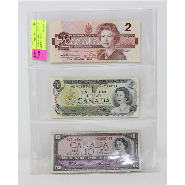 x3 1954-1986 CANADA $1,$2 & $10 DOLLAR BANK NOTES