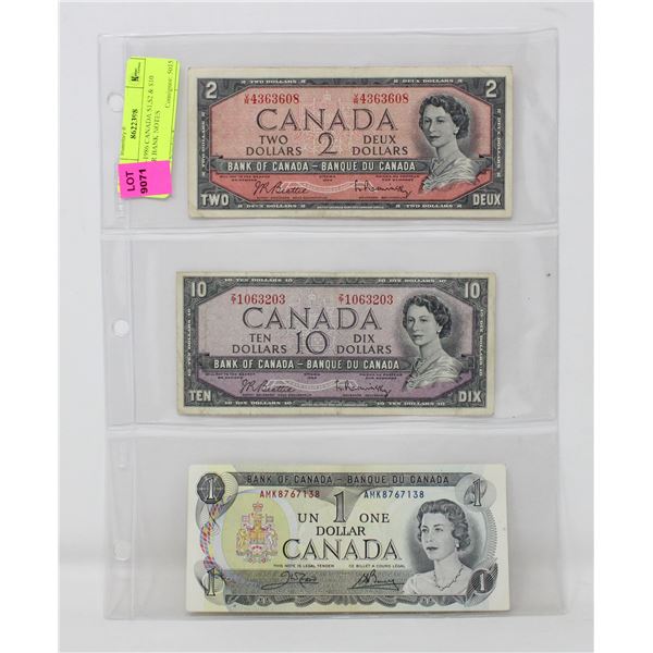 x3 1954-1986 CANADA $1,$2 & $10 DOLLAR BANK NOTES