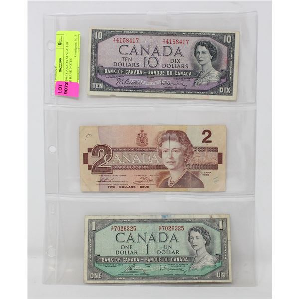 x3 1954-1986 CANADA $1,$2 & $10 DOLLAR BANK NOTES