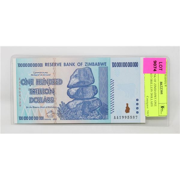 2008 BANK OF ZIMBABWE ONE HUNDRED TRILLION DOLLARS