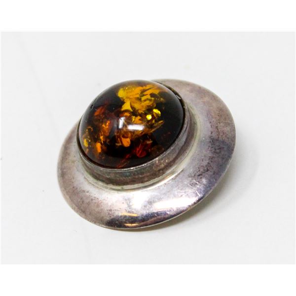 SOLID .925 SILVER AMBER GEMSTONE BROACH