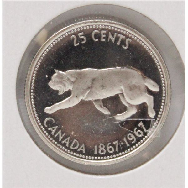 1967 SILVER CANADA LYNX 25 CENT COIN, PL CAMEO