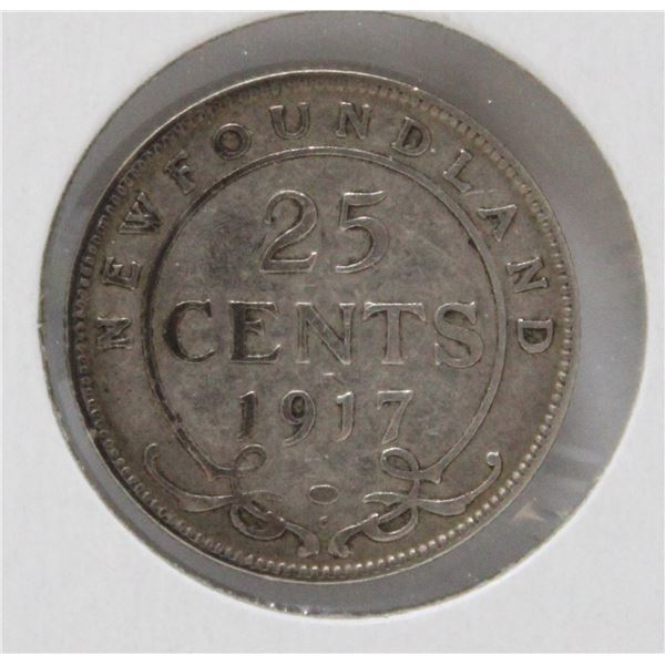 1917 SILVER NEWFOUNDLAND 25 CENTS COIN, FINE