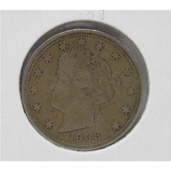 1908 USA 5 CENTS COIN, FINE CONDITION