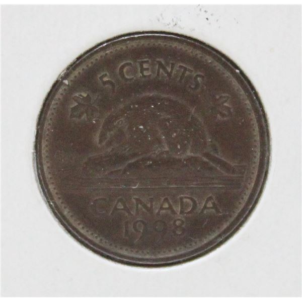 1998 CANADA 5 CENTS COIN MISSING PLATING, COPPER