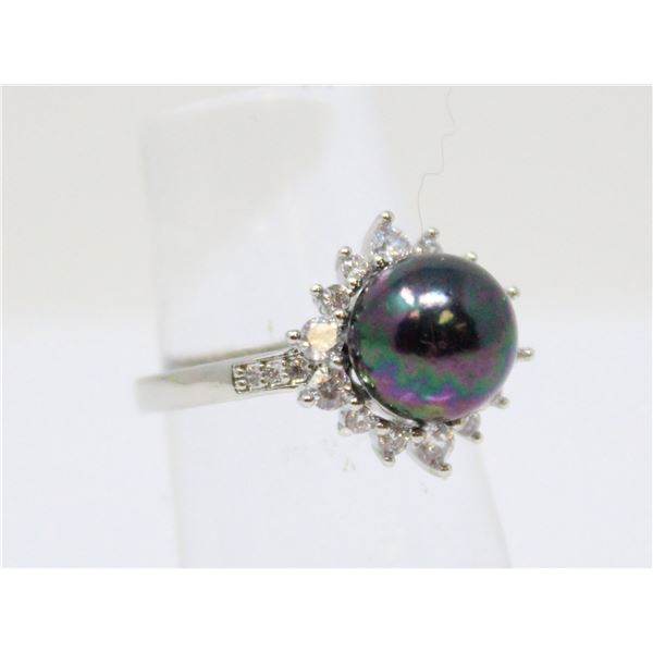 SIZE 7, .925 STAMPED SILVER CZ DIAMOND PEARL RING