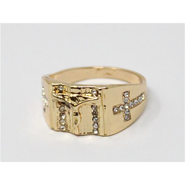 SIZE 10 GOLD PLATED CRUSIFIX STYLE RING, NEW