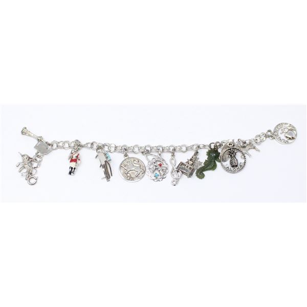 SOLID .925 SILVER MISC. CHARM BRACELET, 33.4g