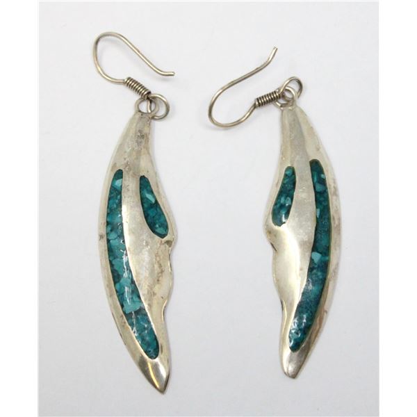 SOLID .925 SILVER TOURQUISE FEATHER EARRINGS