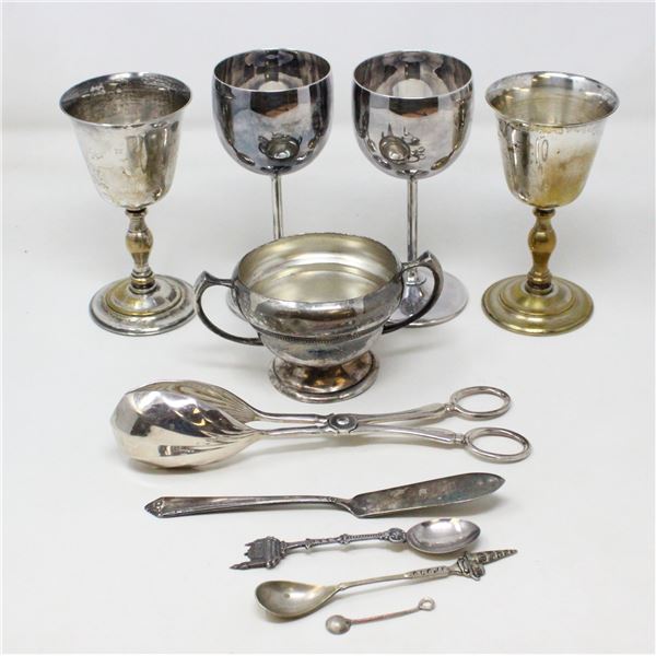 BAG OF OLD SILVER PLATED ESTATE ITEMS, CUPS ETC.